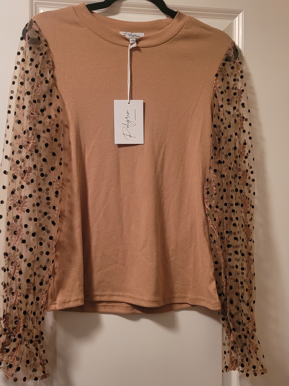NWT Polagram Tan Knit Top with Black Polka Dot & Floral Sheer Sleeves Size L - Picture 5 of 11